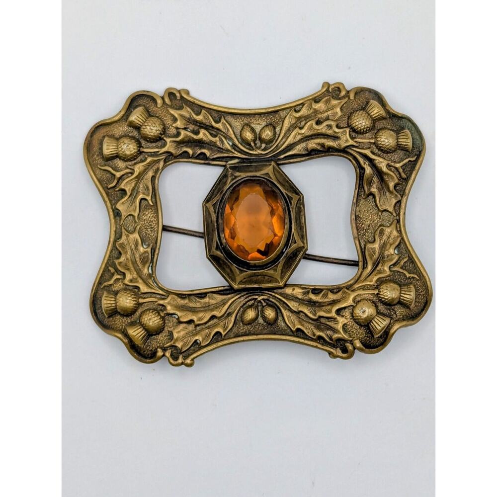 Scottish Thistle Brooch Sash Pin Faceted Glass Art Nouveau Antique